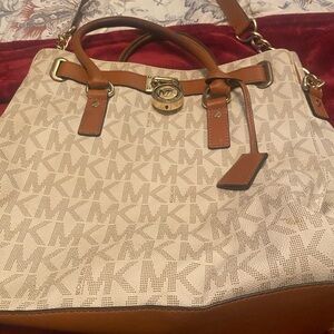 Michael Kors Beige Signature Satchel with Brown Leather Trim and Gold Hardware